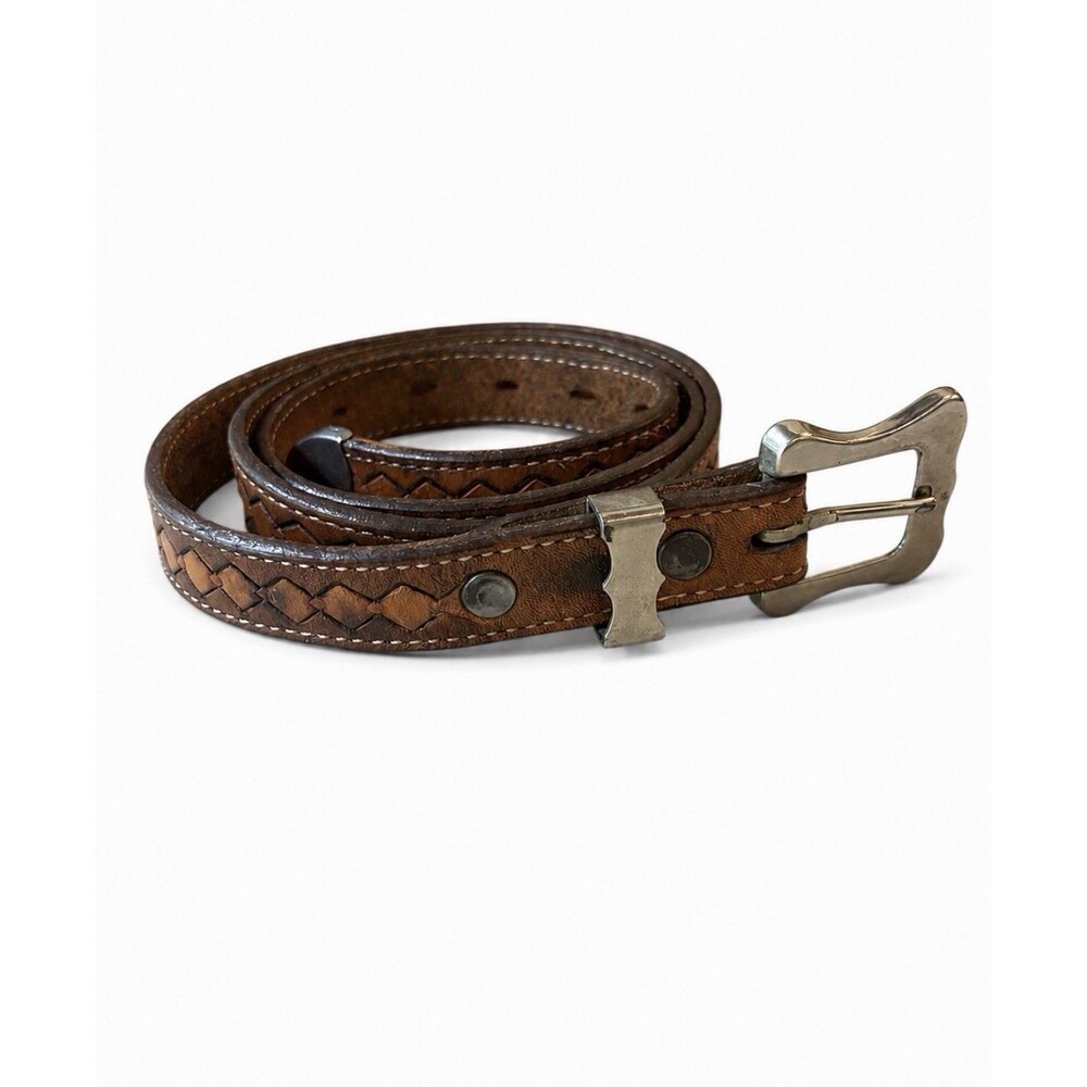 Vintage Interlocking Diamond Design Brown Leather Belt 31"-34" Waist